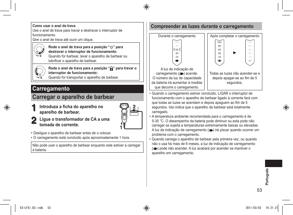 Carregamento carregar o aparelho de barbear | Panasonic ESLF51 User Manual | Page 53 / 124