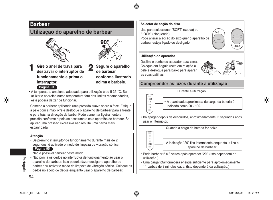 Barbear utilização do aparelho de barbear | Panasonic ESLF51 User Manual | Page 54 / 124