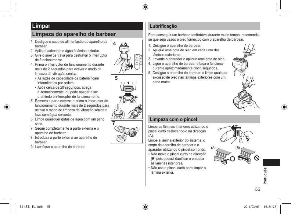 Limpar limpeza do aparelho de barbear, 45 lubrificação, Limpeza com o pincel | Panasonic ESLF51 User Manual | Page 55 / 124