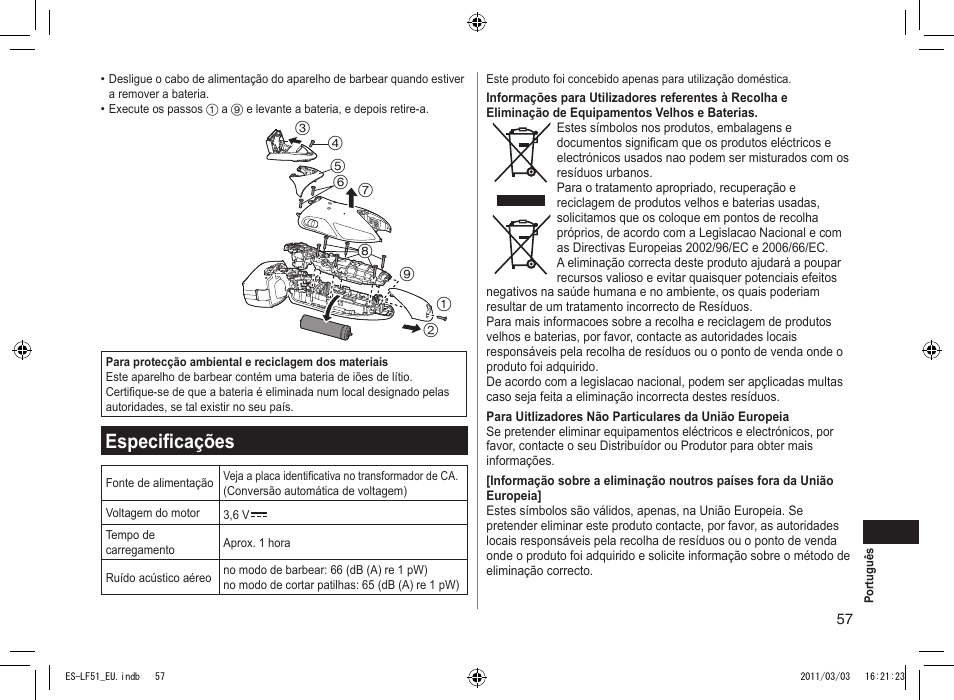 Especificações | Panasonic ESLF51 User Manual | Page 57 / 124