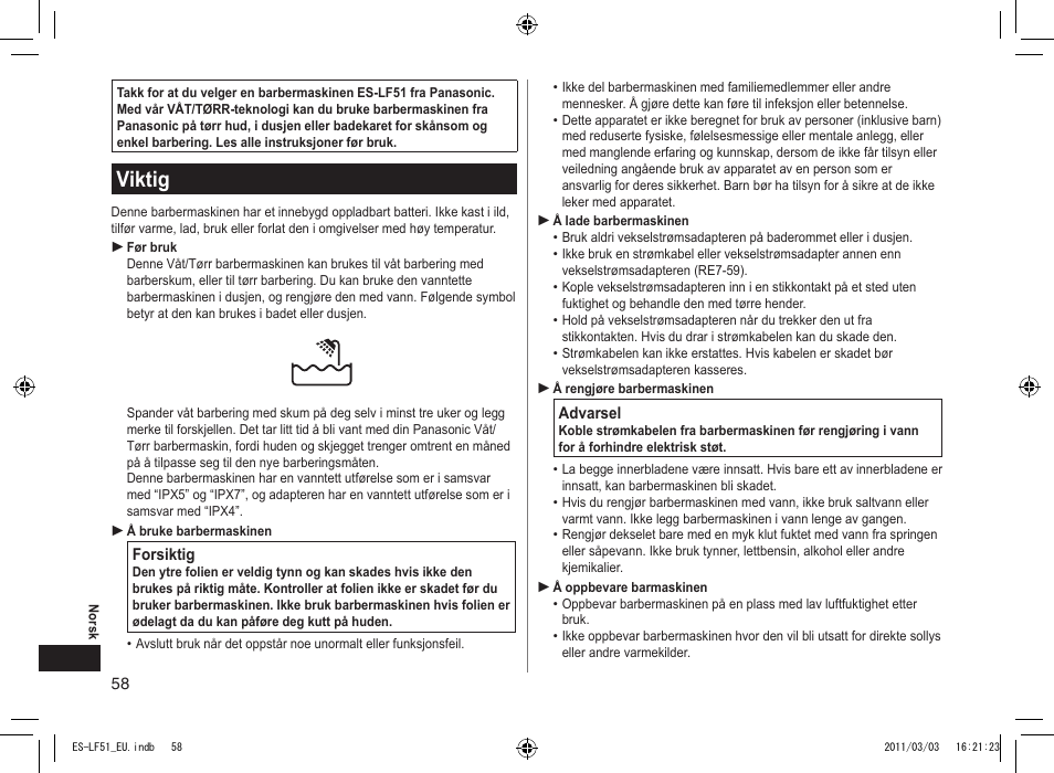 Viktig | Panasonic ESLF51 User Manual | Page 58 / 124