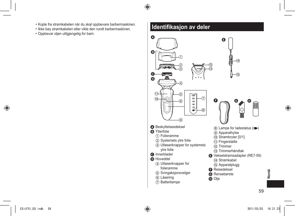 Identifikasjon av deler | Panasonic ESLF51 User Manual | Page 59 / 124