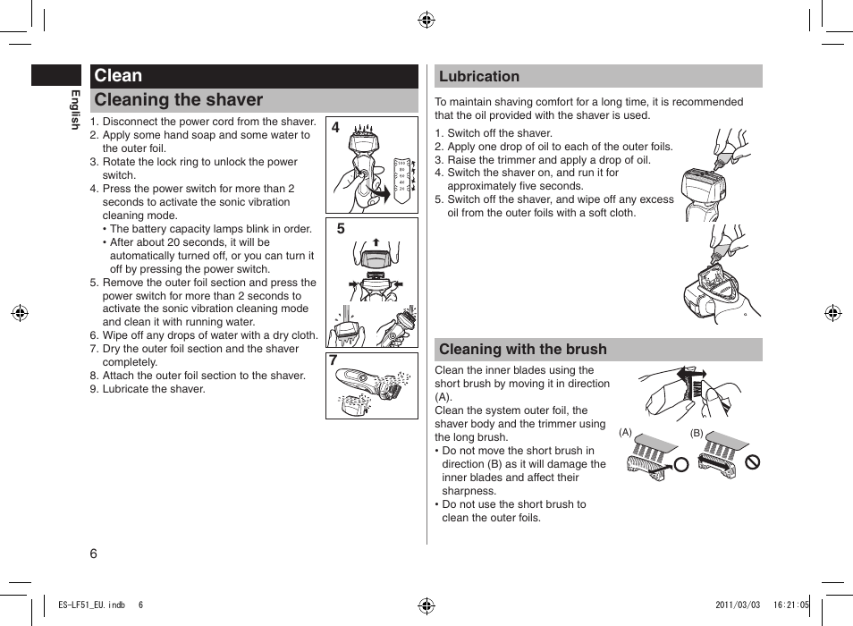 Clean cleaning the shaver | Panasonic ESLF51 User Manual | Page 6 / 124