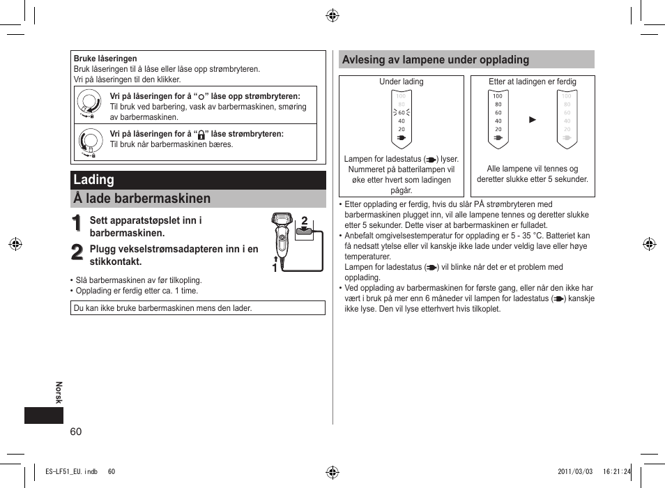 Lading å lade barbermaskinen | Panasonic ESLF51 User Manual | Page 60 / 124