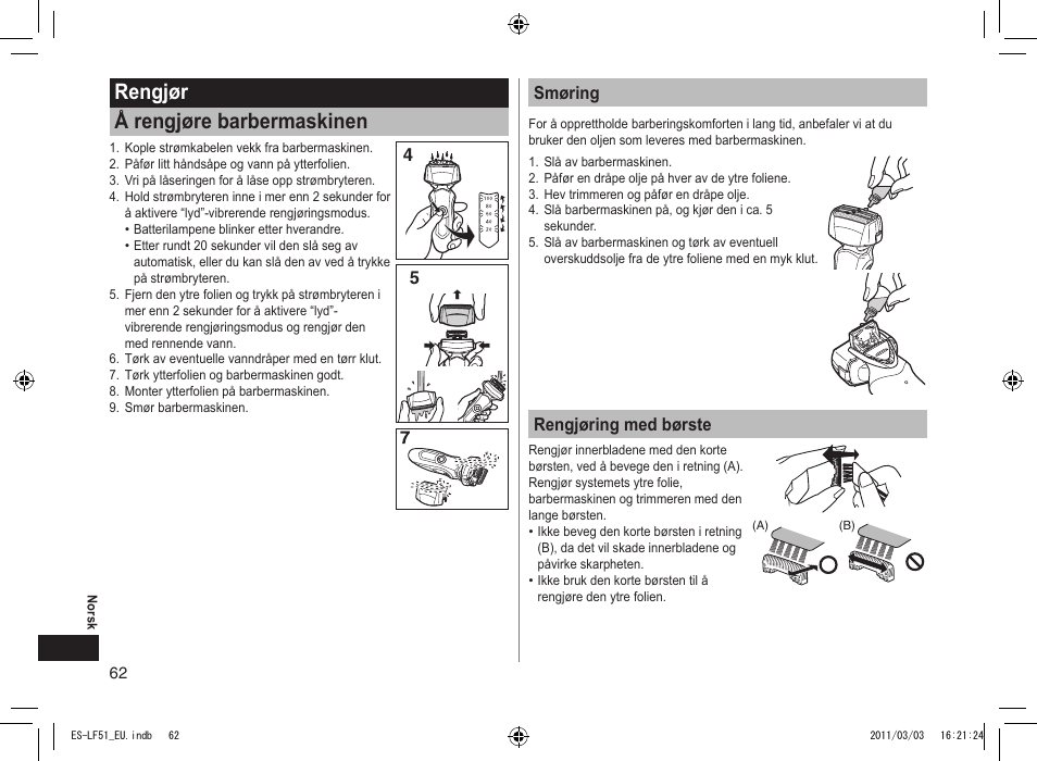 Rengjør å rengjøre barbermaskinen, Smøring, Rengjøring med børste | Panasonic ESLF51 User Manual | Page 62 / 124
