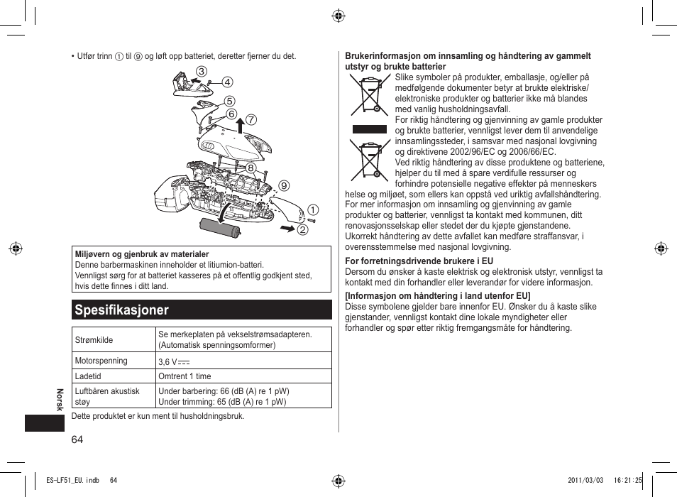 Spesifikasjoner | Panasonic ESLF51 User Manual | Page 64 / 124