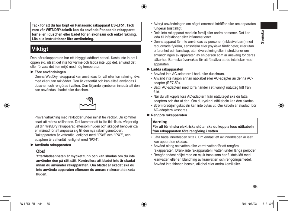 Viktigt | Panasonic ESLF51 User Manual | Page 65 / 124