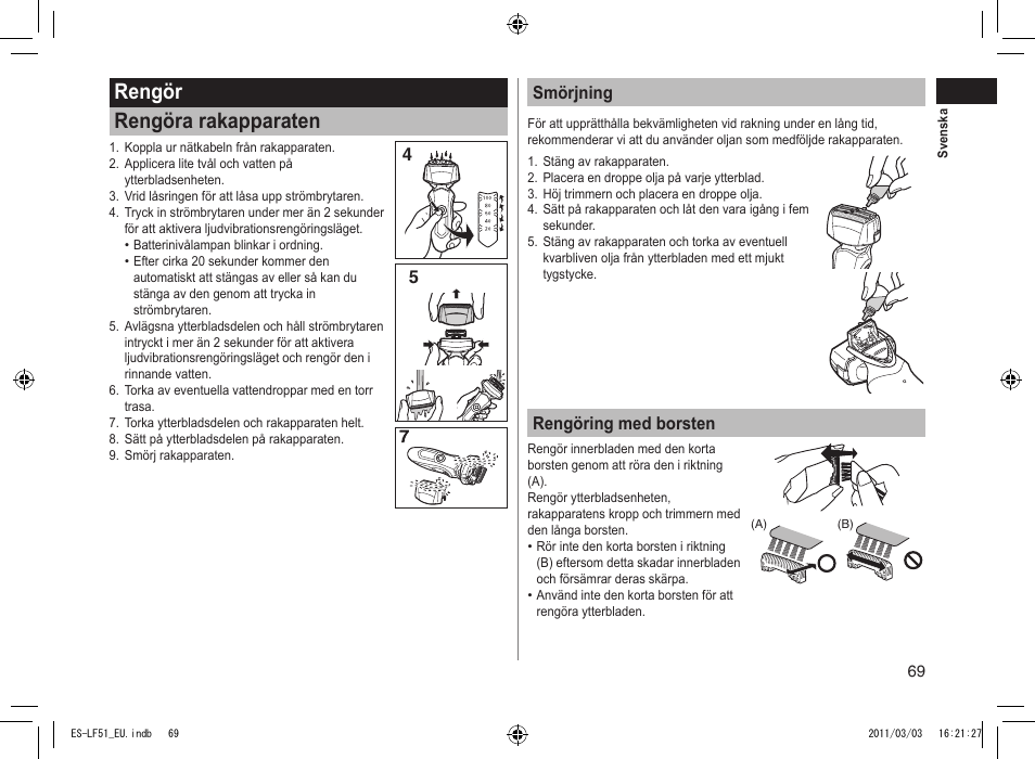 Rengör rengöra rakapparaten, 45 smörjning, Rengöring med borsten | Panasonic ESLF51 User Manual | Page 69 / 124