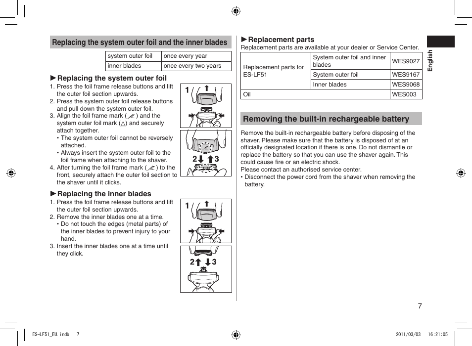 Removing the built‑in rechargeable battery | Panasonic ESLF51 User Manual | Page 7 / 124