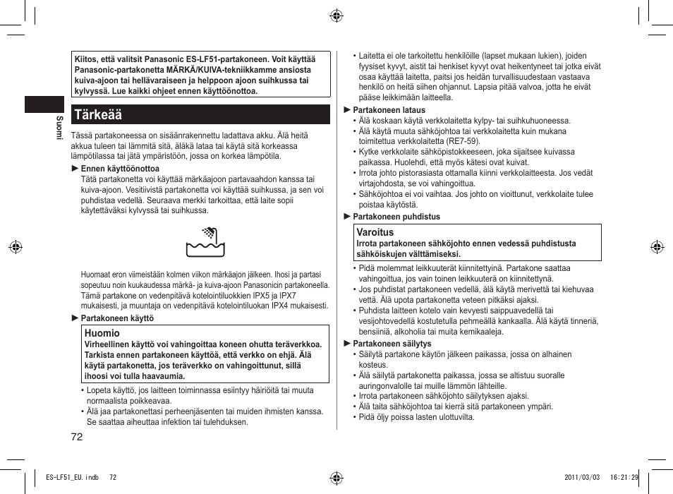 Tärkeää | Panasonic ESLF51 User Manual | Page 72 / 124