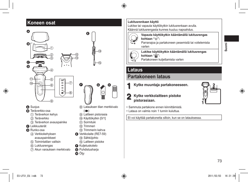 Koneen osat, Lataus partakoneen lataus | Panasonic ESLF51 User Manual | Page 73 / 124