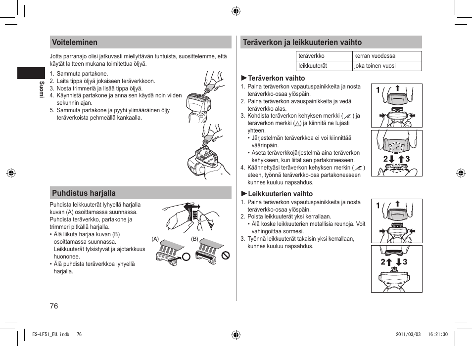Voiteleminen, Puhdistus harjalla, Teräverkon ja leikkuuterien vaihto | Panasonic ESLF51 User Manual | Page 76 / 124