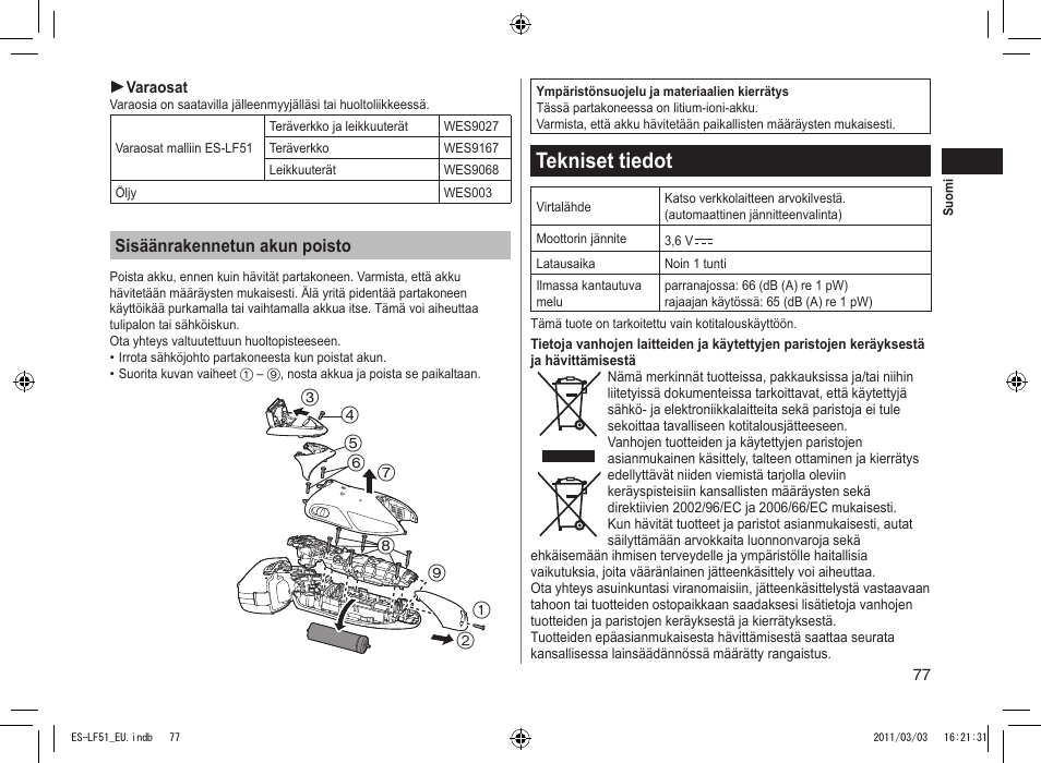 Tekniset tiedot | Panasonic ESLF51 User Manual | Page 77 / 124