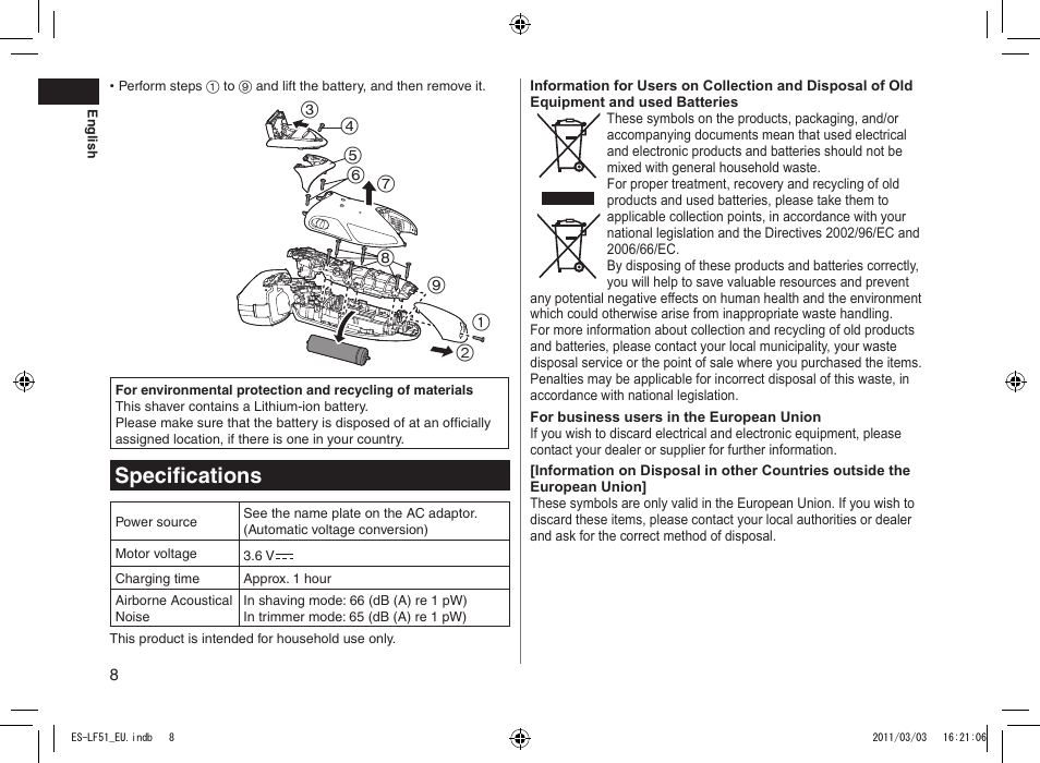 Specifications | Panasonic ESLF51 User Manual | Page 8 / 124