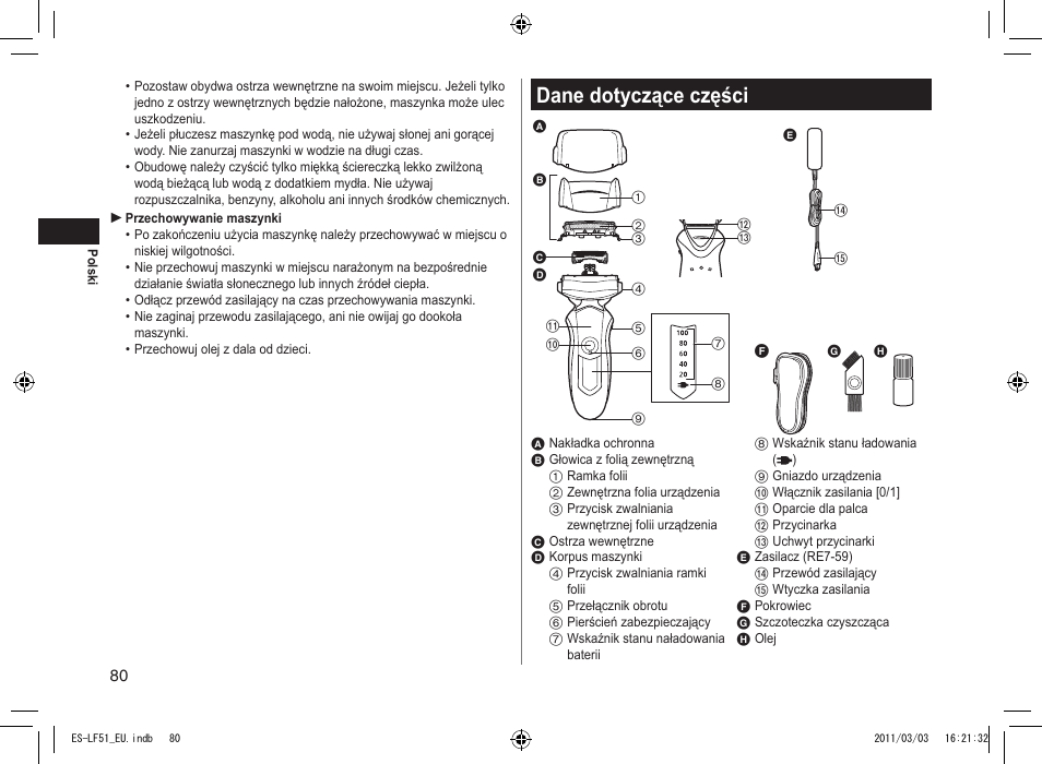 Dane dotyczące części | Panasonic ESLF51 User Manual | Page 80 / 124