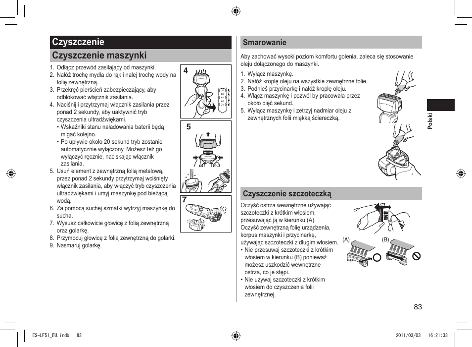 Czyszczenie czyszczenie maszynki, 45 smarowanie, Czyszczenie szczoteczką | Panasonic ESLF51 User Manual | Page 83 / 124
