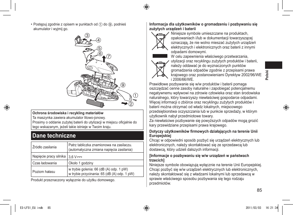 Dane techniczne | Panasonic ESLF51 User Manual | Page 85 / 124