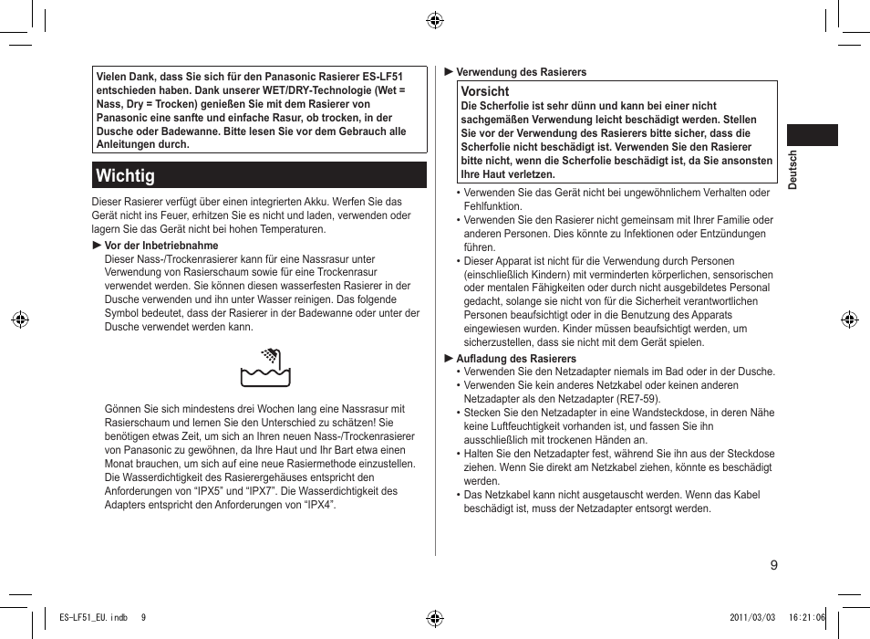 Wichtig | Panasonic ESLF51 User Manual | Page 9 / 124