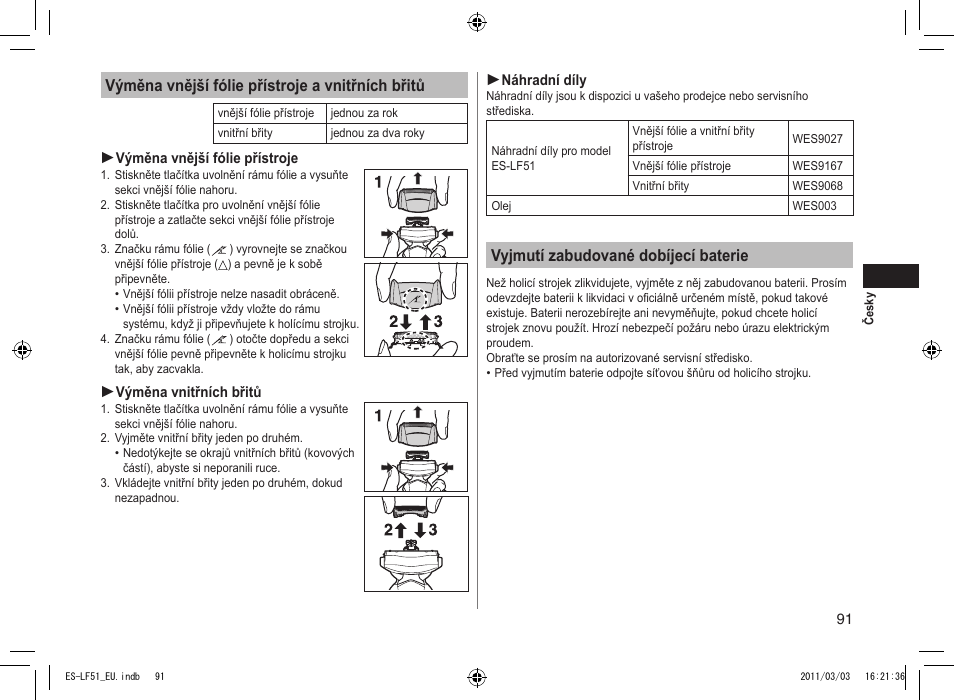Vyjmutí zabudované dobíjecí baterie, Výměna vnější fólie přístroje a vnitřních břitů | Panasonic ESLF51 User Manual | Page 91 / 124