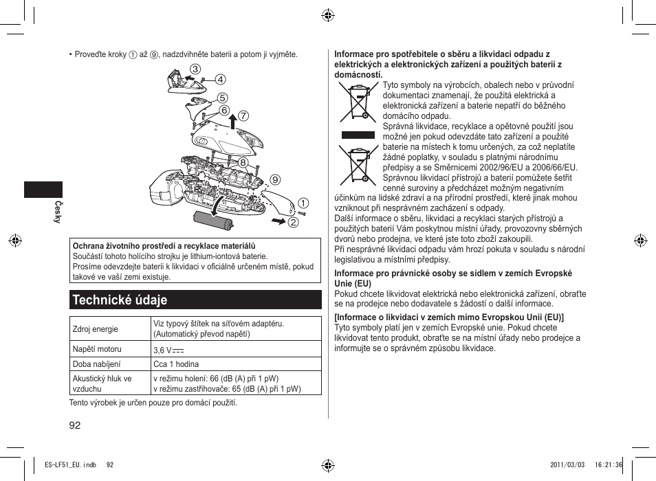 Technické údaje | Panasonic ESLF51 User Manual | Page 92 / 124
