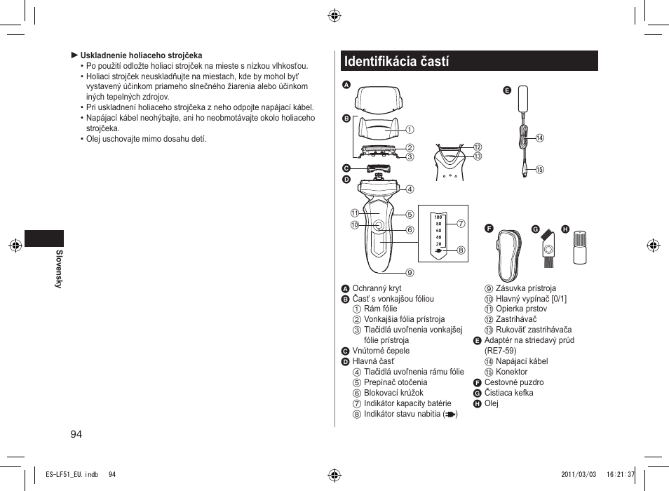 Identifikácia častí | Panasonic ESLF51 User Manual | Page 94 / 124