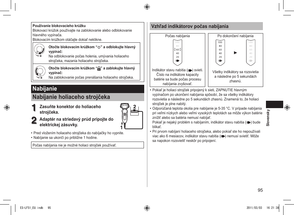 Nabíjanie nabíjanie holiaceho strojčeka | Panasonic ESLF51 User Manual | Page 95 / 124