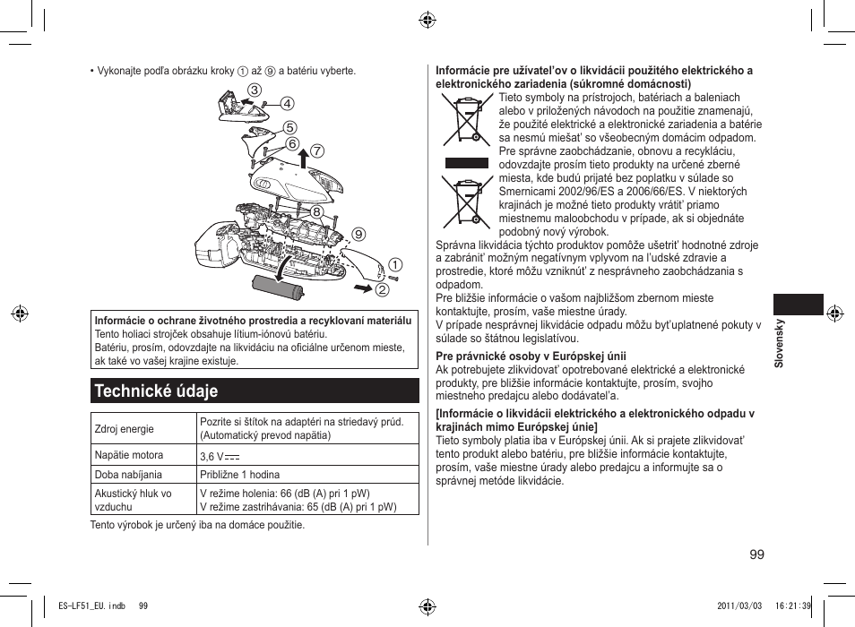 Technické údaje | Panasonic ESLF51 User Manual | Page 99 / 124