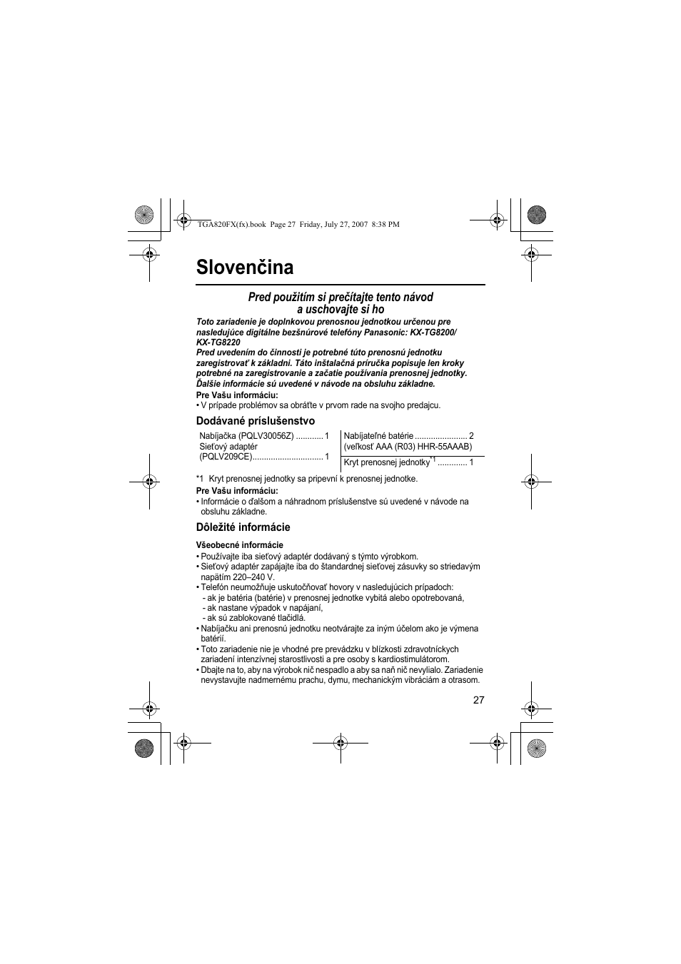 Slovenčina | Panasonic KXTGA820FX User Manual | Page 27 / 40