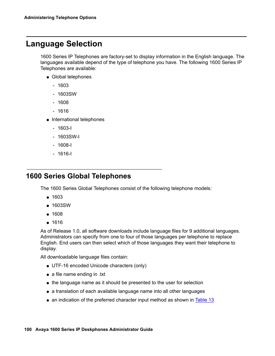 Language selection, 1600 series global telephones | Avaya 1600 Series User Manual | Page 100 / 142