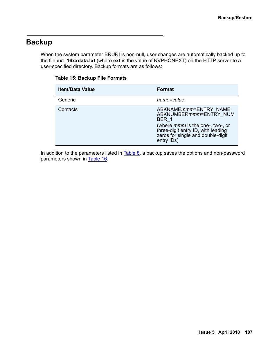 Backup | Avaya 1600 Series User Manual | Page 107 / 142