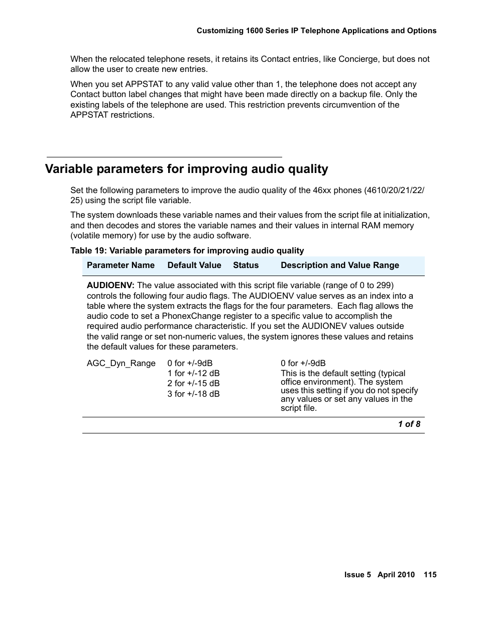 Variable parameters for improving audio quality | Avaya 1600 Series User Manual | Page 115 / 142