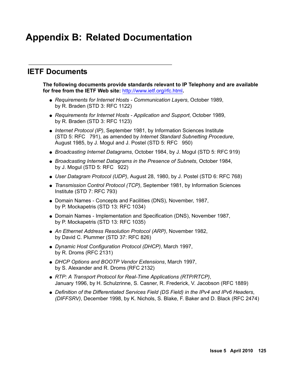 Appendix b: related documentation, Ietf documents, Appendix b: related | Documentation, Listed in, Related | Avaya 1600 Series User Manual | Page 125 / 142