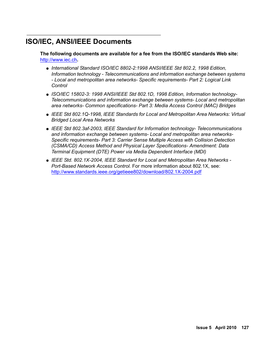 Iso/iec, ansi/ieee documents | Avaya 1600 Series User Manual | Page 127 / 142