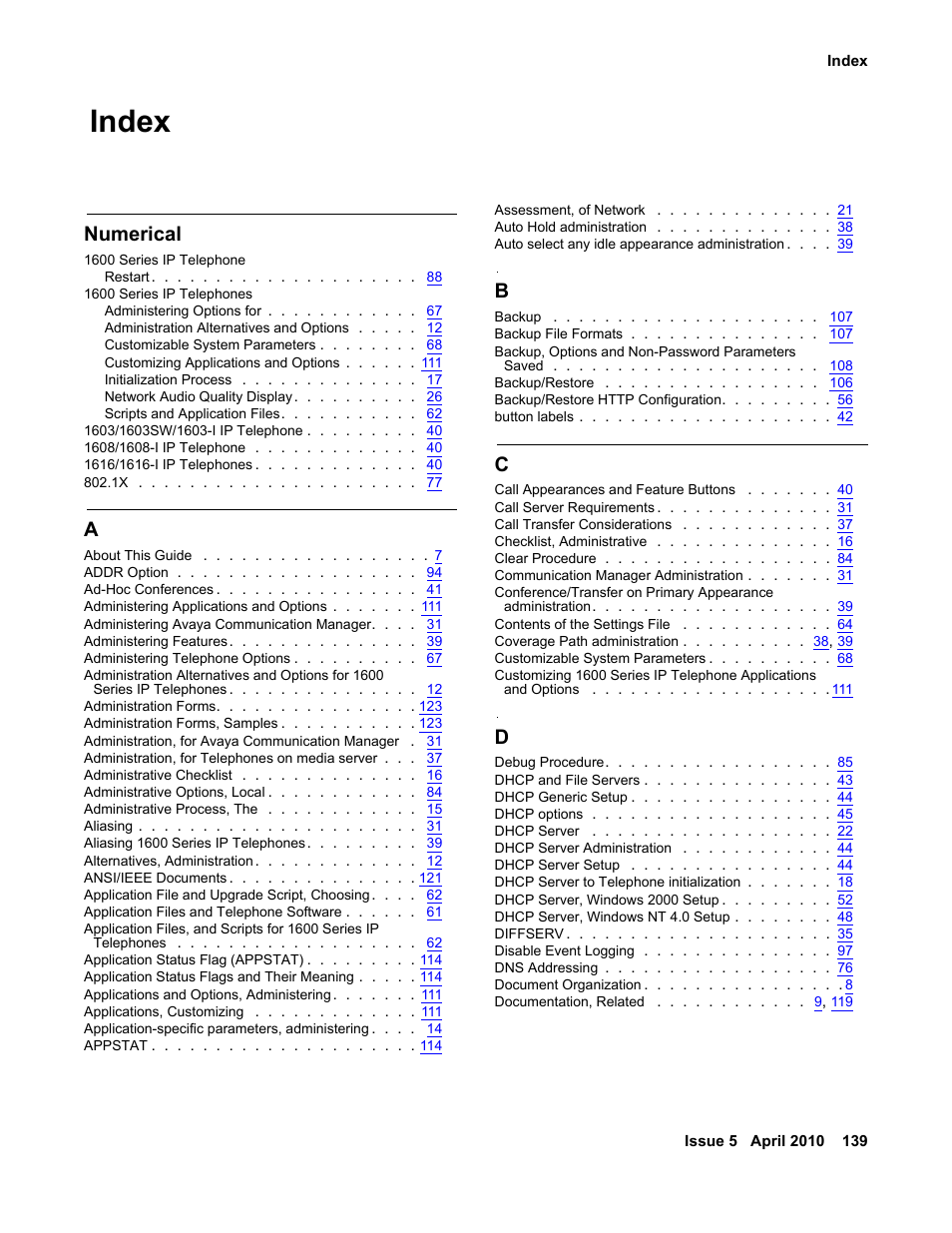 Index, Numerical | Avaya 1600 Series User Manual | Page 139 / 142