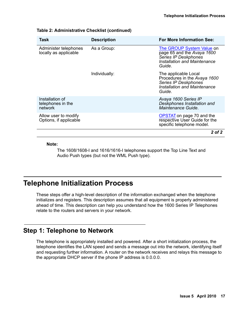 Telephone initialization process, Step 1: telephone to network | Avaya 1600 Series User Manual | Page 17 / 142