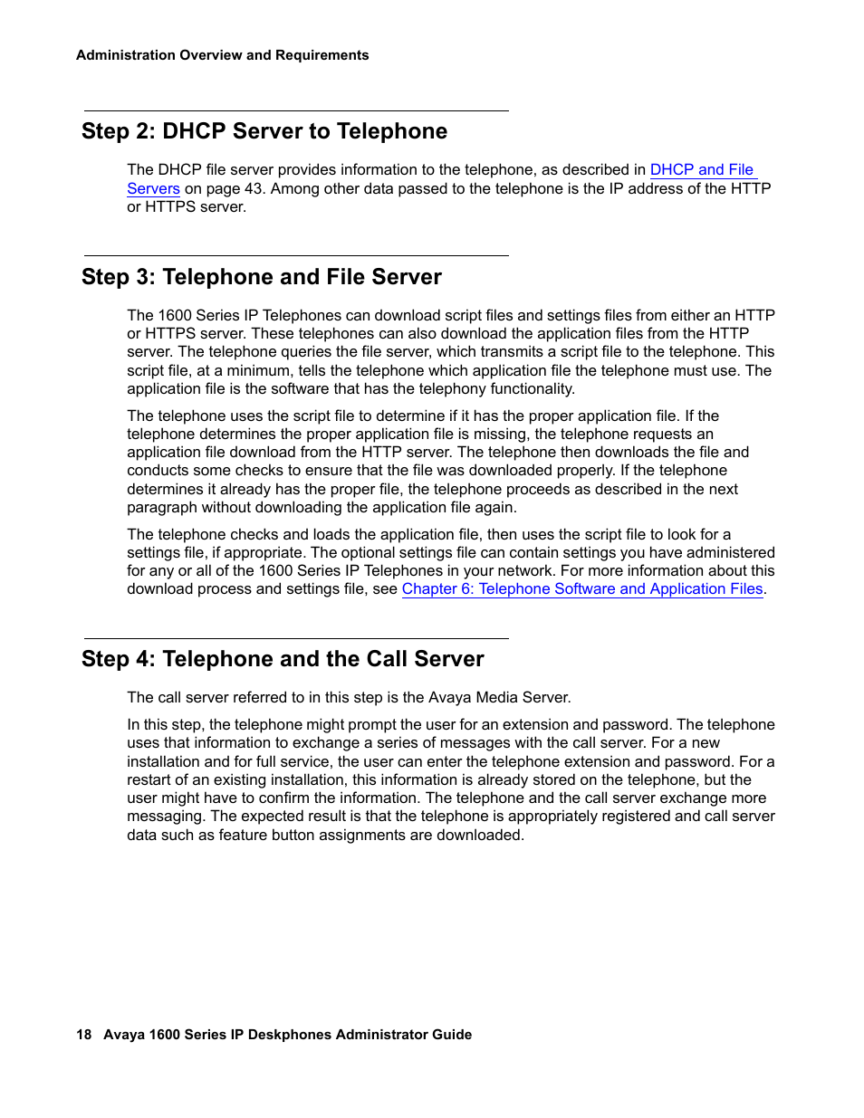 Step 2: dhcp server to telephone, Step 3: telephone and file server, Step 4: telephone and the call server | Avaya 1600 Series User Manual | Page 18 / 142