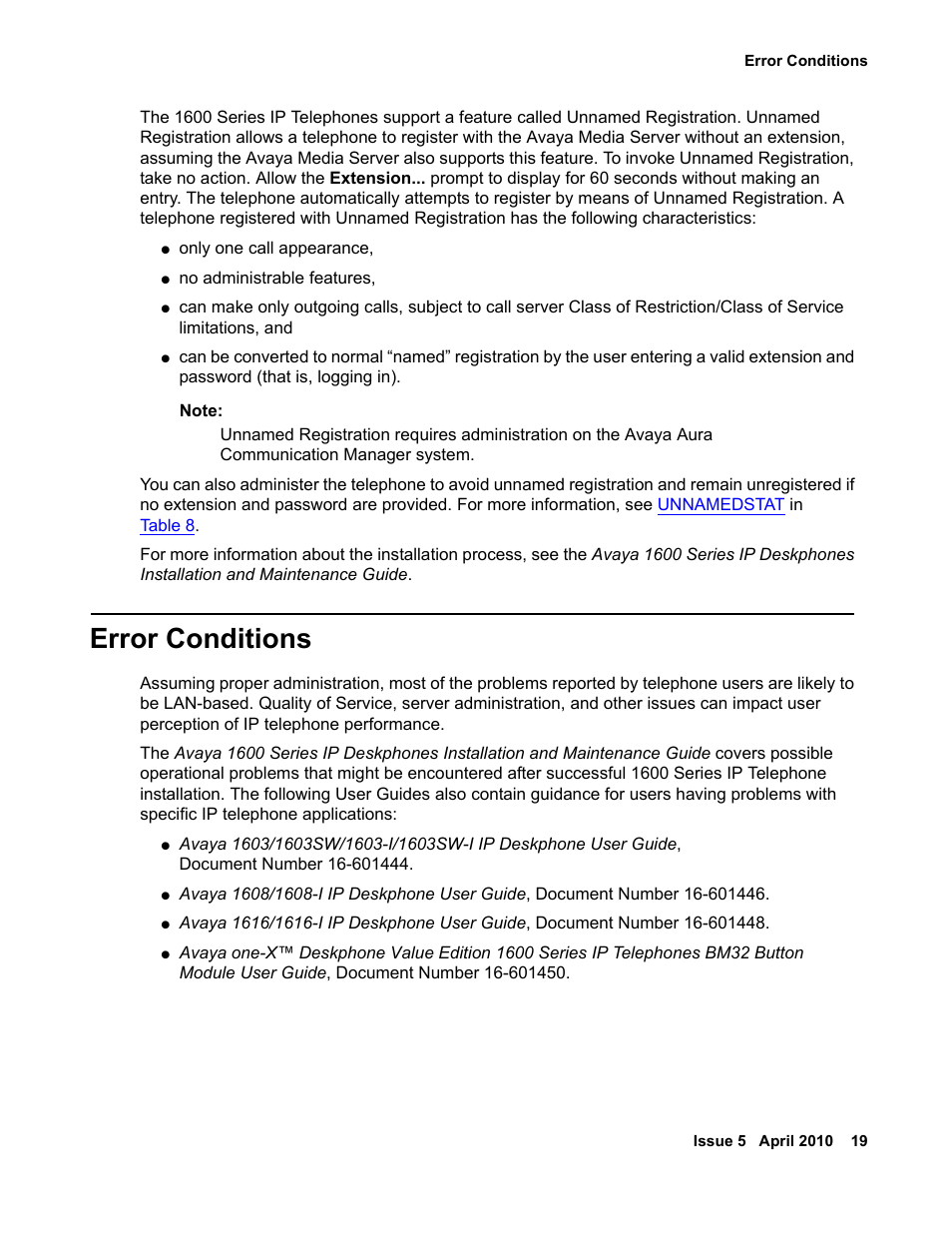 Error conditions | Avaya 1600 Series User Manual | Page 19 / 142