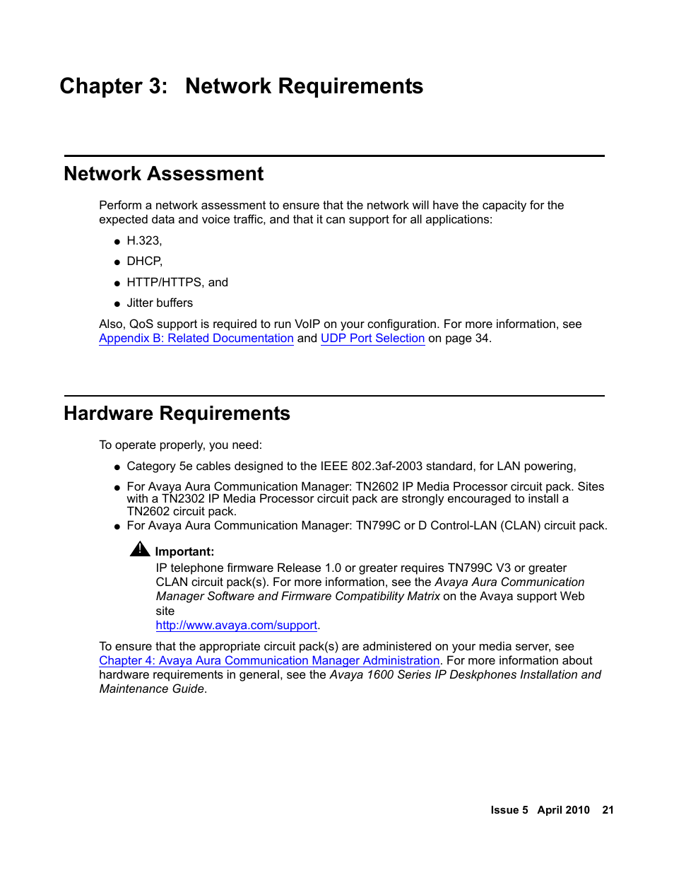 Chapter 3: network requirements, Network assessment, Hardware requirements | Chapter 3: network, Requirements, Ter described in | Avaya 1600 Series User Manual | Page 21 / 142