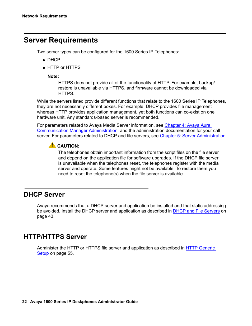 Server requirements, Dhcp server, Http/https server | Avaya 1600 Series User Manual | Page 22 / 142