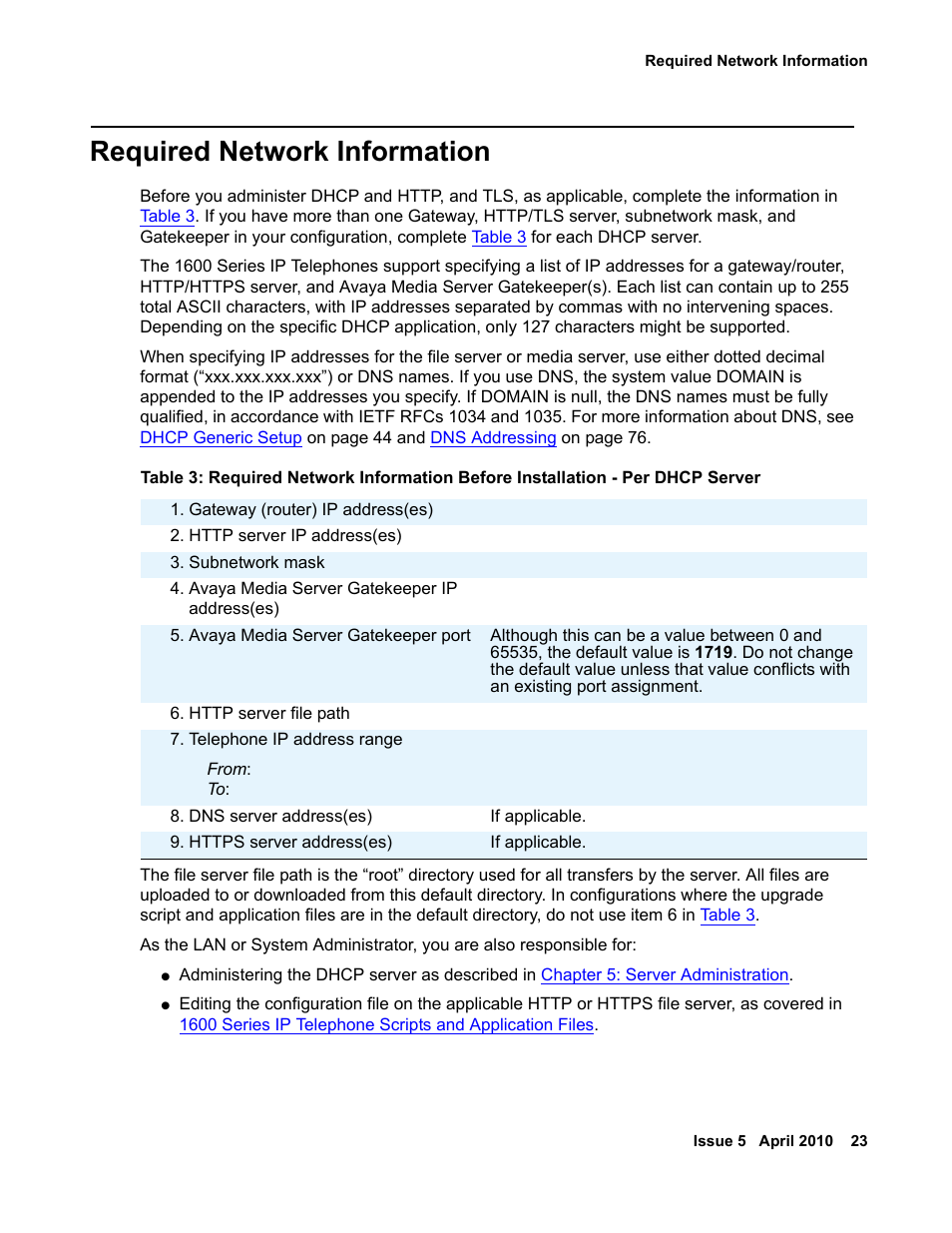 Required network information | Avaya 1600 Series User Manual | Page 23 / 142