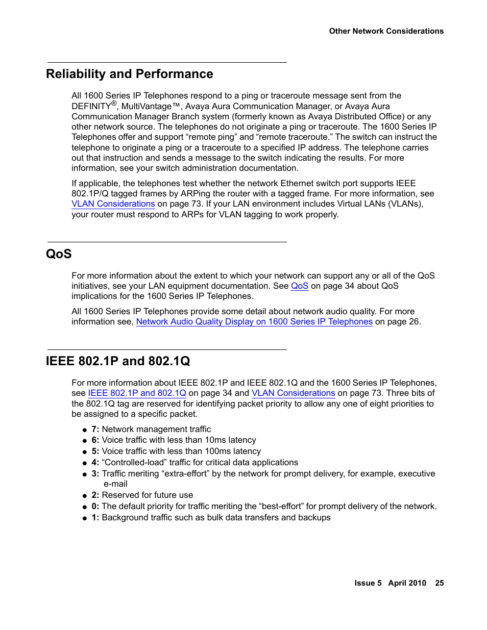 Reliability and performance, Ieee 802.1p and 802.1q | Avaya 1600 Series User Manual | Page 25 / 142