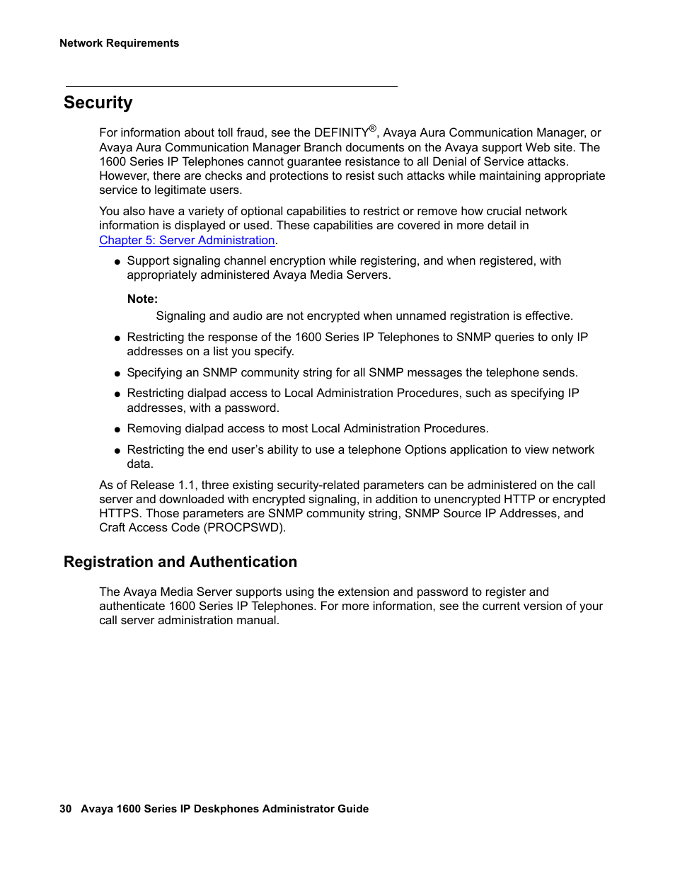 Security, Registration and authentication | Avaya 1600 Series User Manual | Page 30 / 142