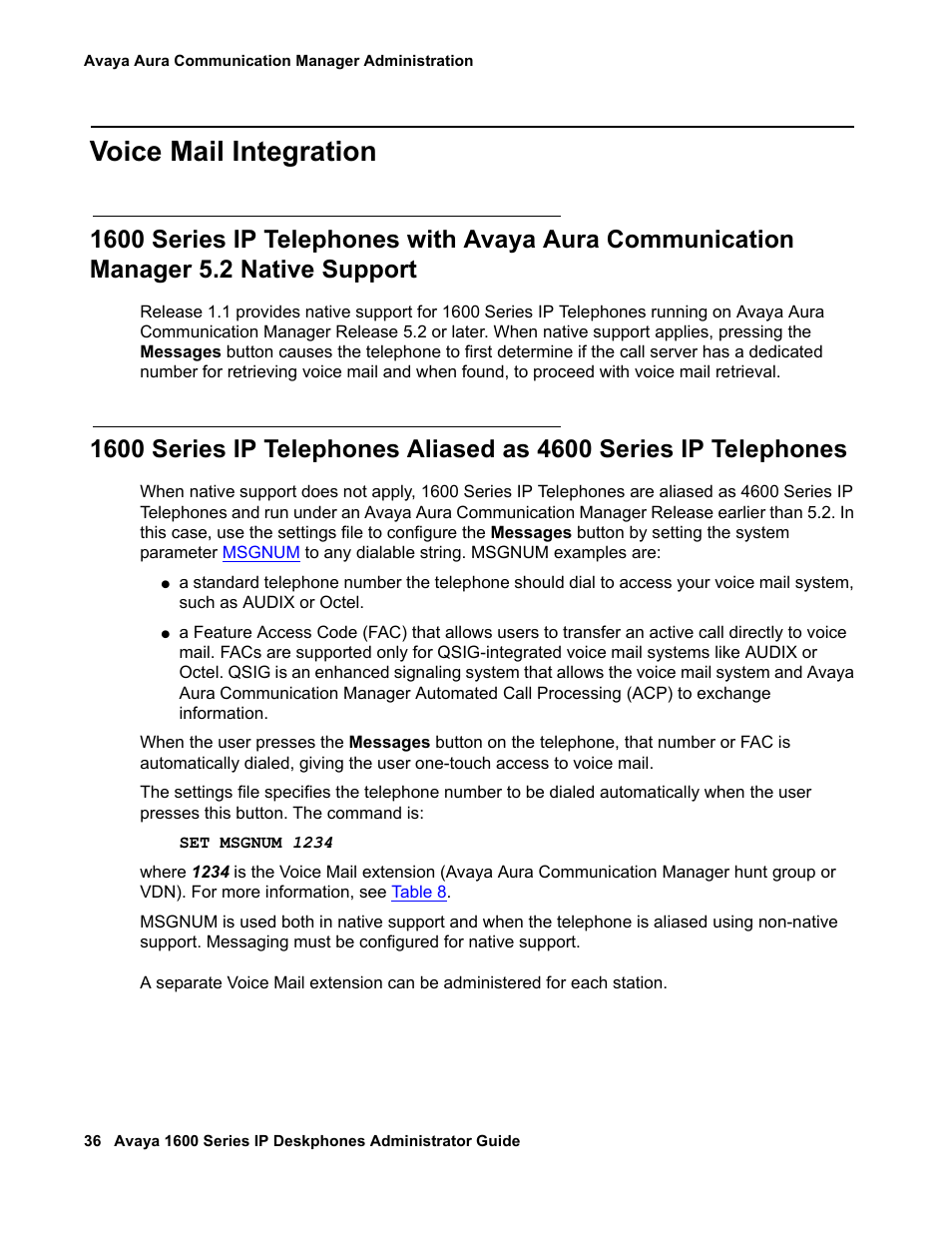 Voice mail integration, Native support | Avaya 1600 Series User Manual | Page 36 / 142