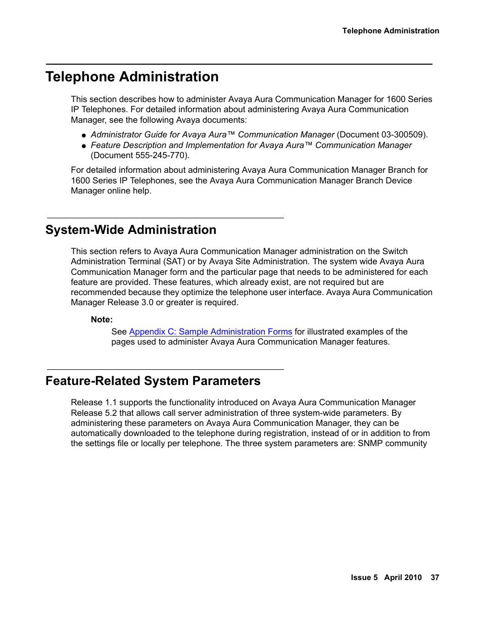 Telephone administration, System-wide administration, Feature-related system parameters | Avaya 1600 Series User Manual | Page 37 / 142