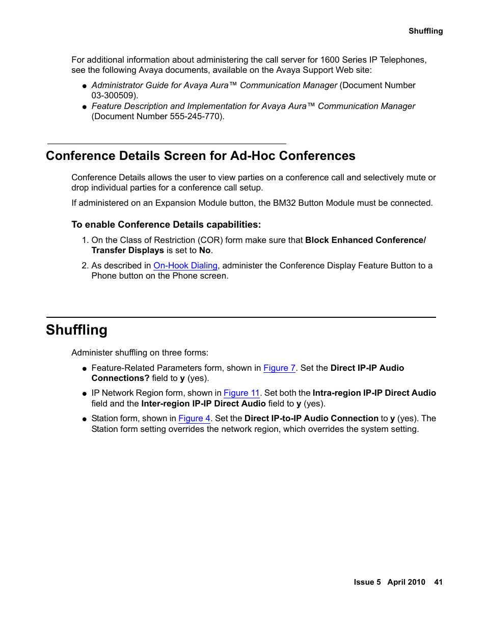 Conference details screen for ad-hoc conferences, Shuffling | Avaya 1600 Series User Manual | Page 41 / 142