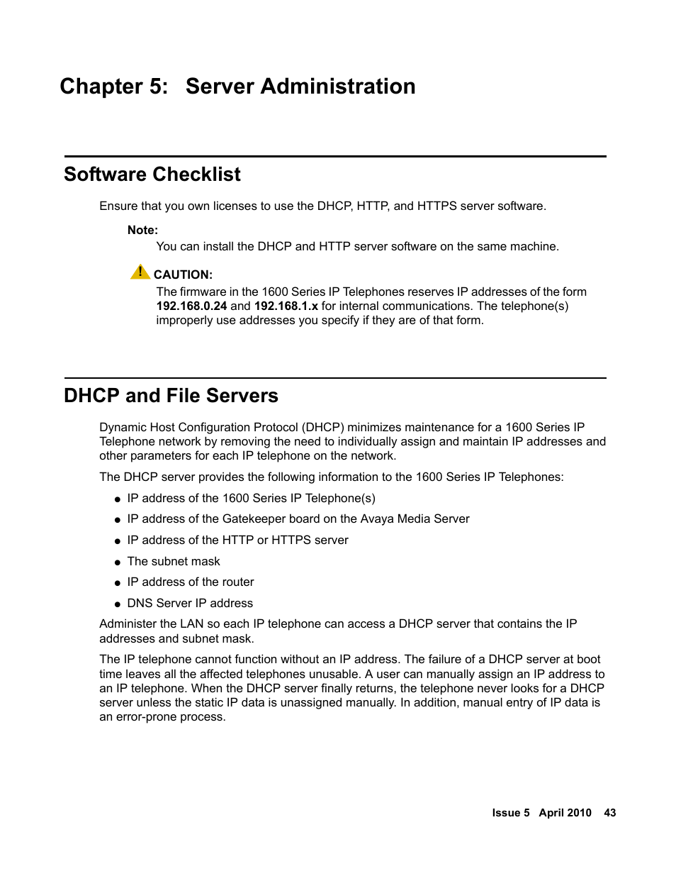 Chapter 5: server administration, Software checklist, Dhcp and file servers | Chapter 5: server, Administration, Dhcp and file, Servers, Covered in, Scribed in | Avaya 1600 Series User Manual | Page 43 / 142