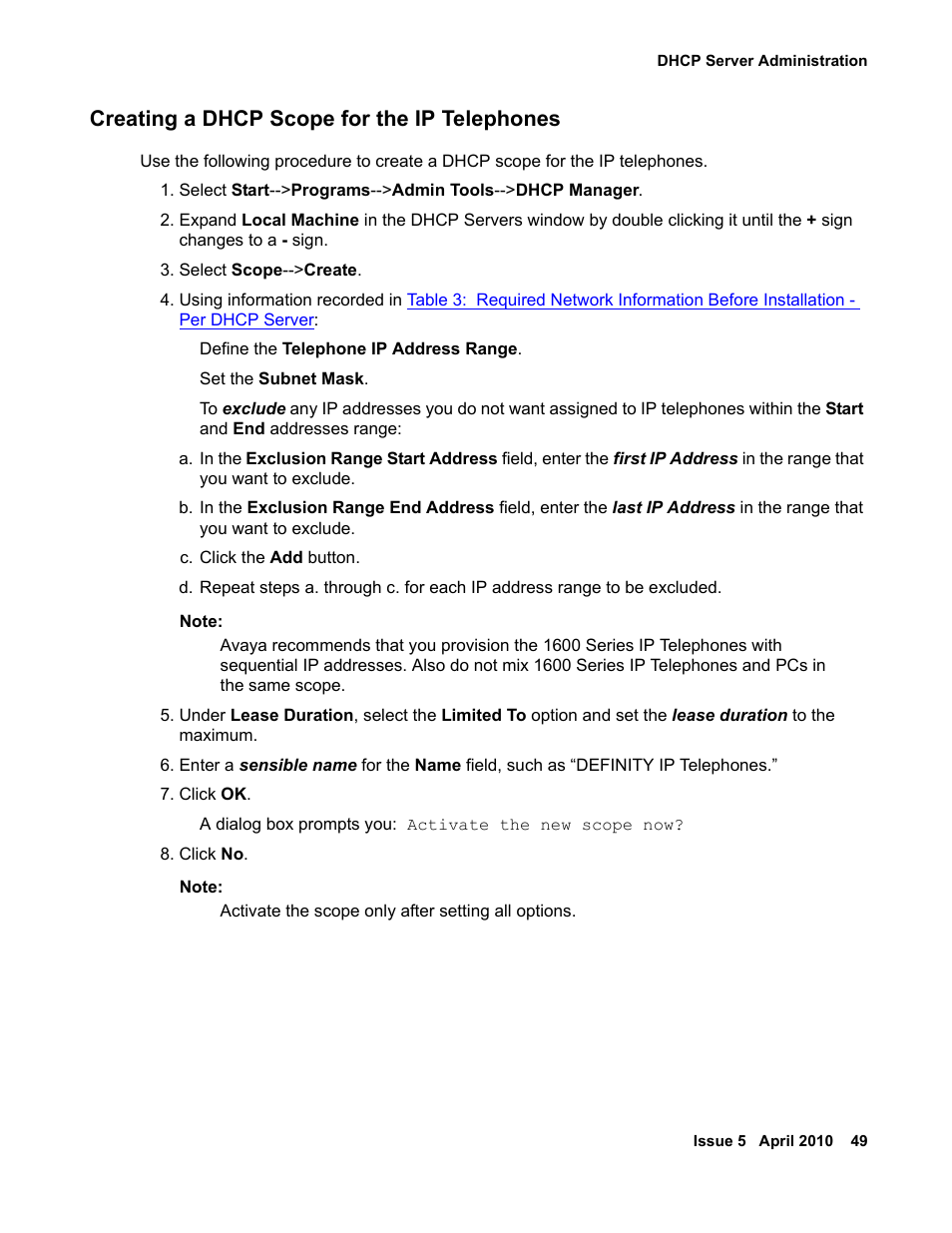 Creating a dhcp scope for the ip telephones | Avaya 1600 Series User Manual | Page 49 / 142