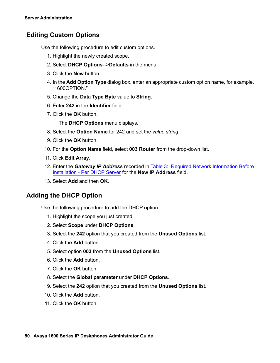 Editing custom options, Adding the dhcp option | Avaya 1600 Series User Manual | Page 50 / 142