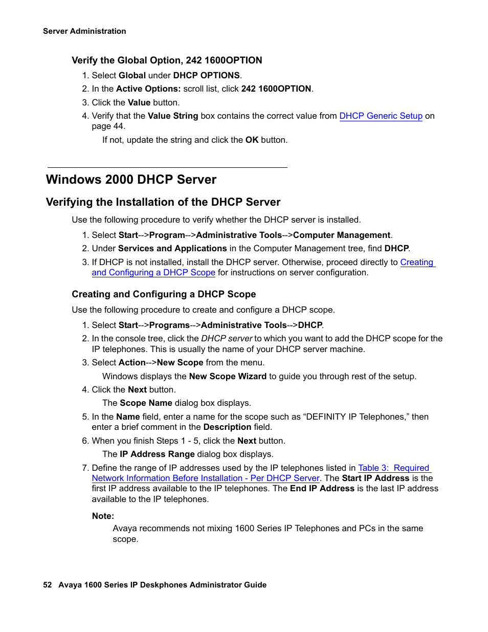 Windows 2000 dhcp server, Verifying the installation of the dhcp server | Avaya 1600 Series User Manual | Page 52 / 142