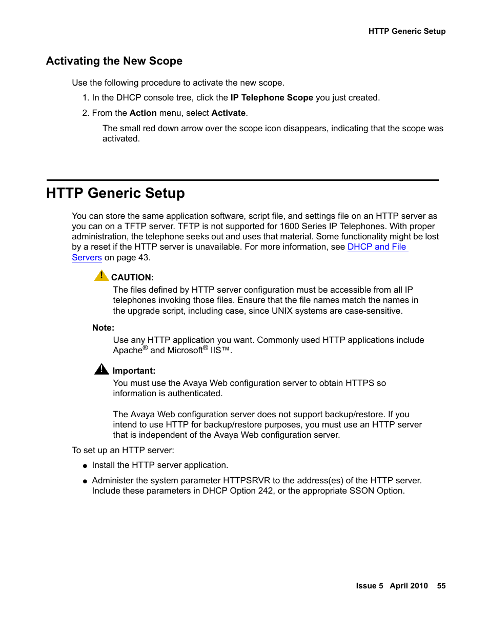 Activating the new scope, Http generic setup, Http generic | Setup | Avaya 1600 Series User Manual | Page 55 / 142